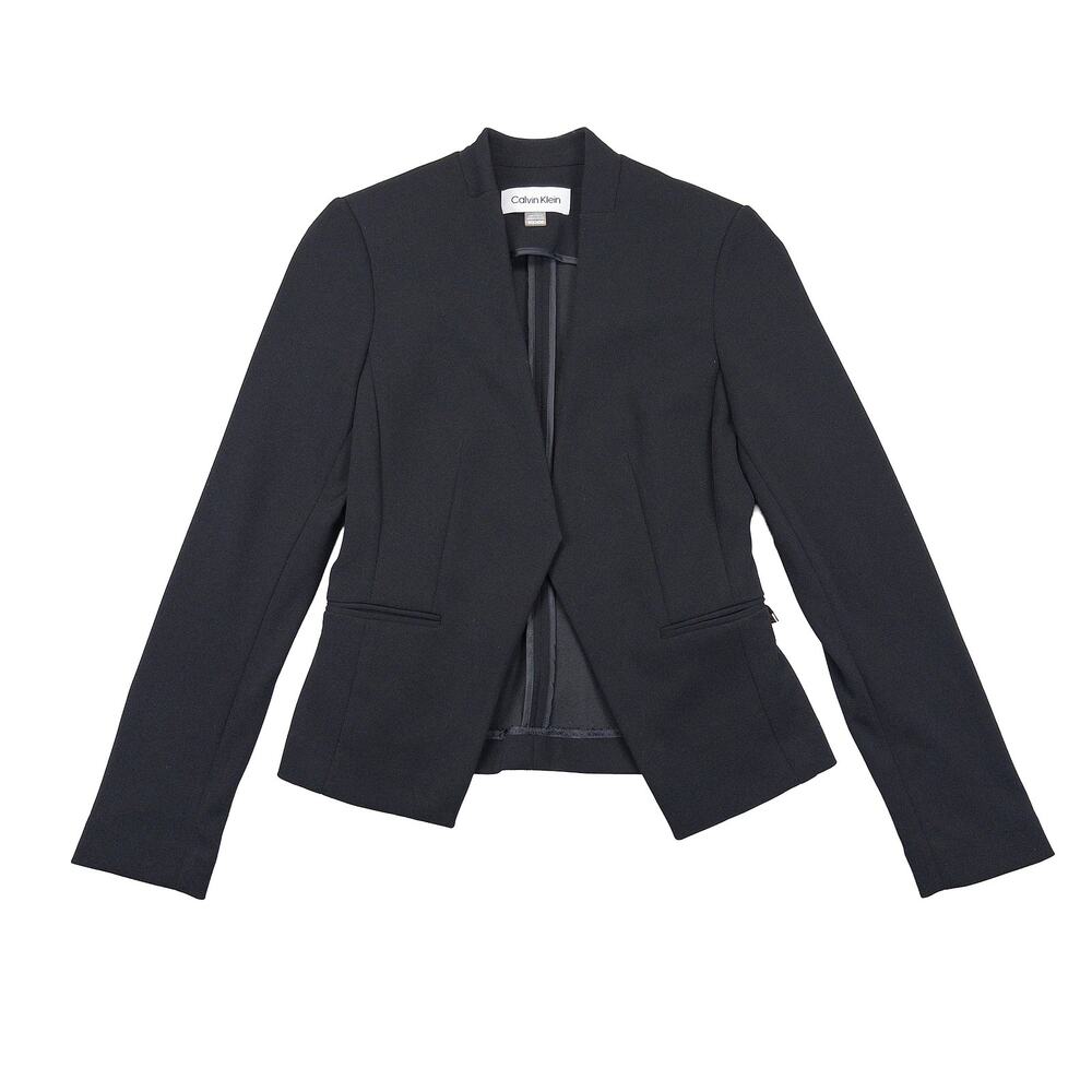 Calvin Klein Open Front Blazer Women 2P Black Collarless Career Minimalist Chic